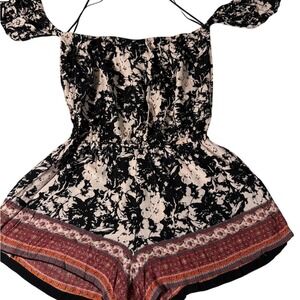 Angie Black Cream Floral Boho Romper Jumpsuit Tassel Tie Size M